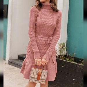 SheIn Pink Simplee Ruffle Hem Belted Sweater Dress US Small 🩷🩷🩷